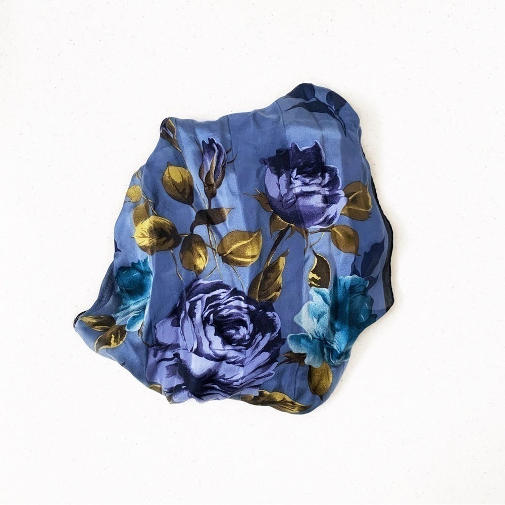 Vintage Halston Red 100% Silk Blue/Green Floral Rose Bandana Scarf Made in Korea